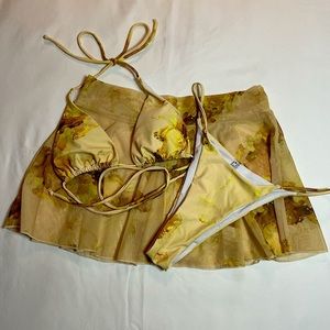 Shein  3 piece yellow & gold marble bathing suit with skirt